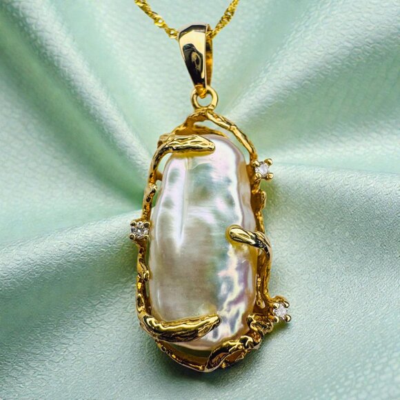 VINTAGE- 14K Gold -Baroque Pearl & Diamond Necklace -21" Brutalist Freeform-3.9g - Picture 13 of 16